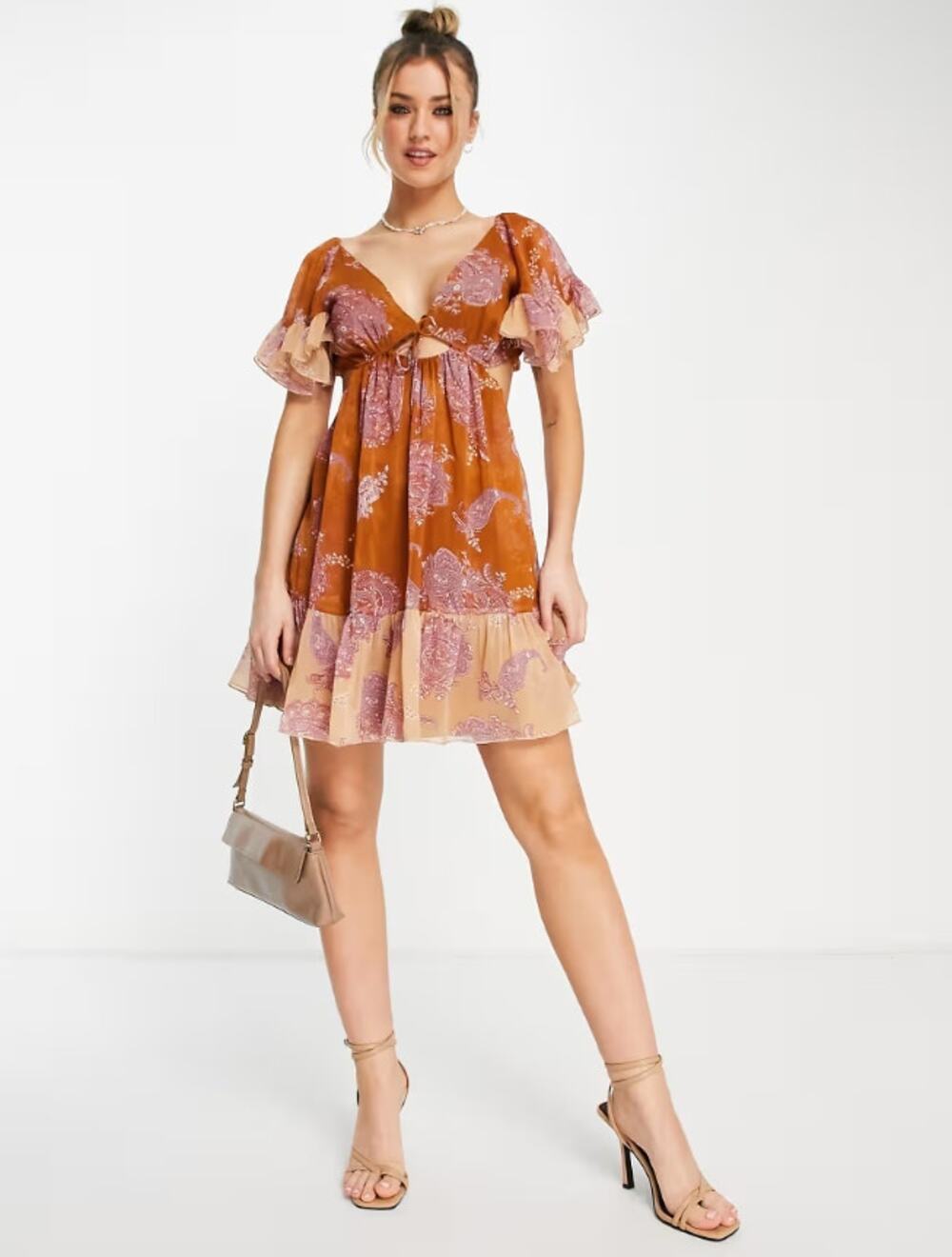 ASOS Boho Mixed Paisley Print Tie Front Tiered Mini Dress Strappy Back Women's 4